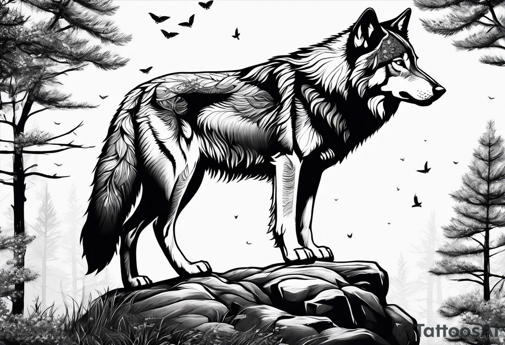 Wolf watching over little girls tattoo idea