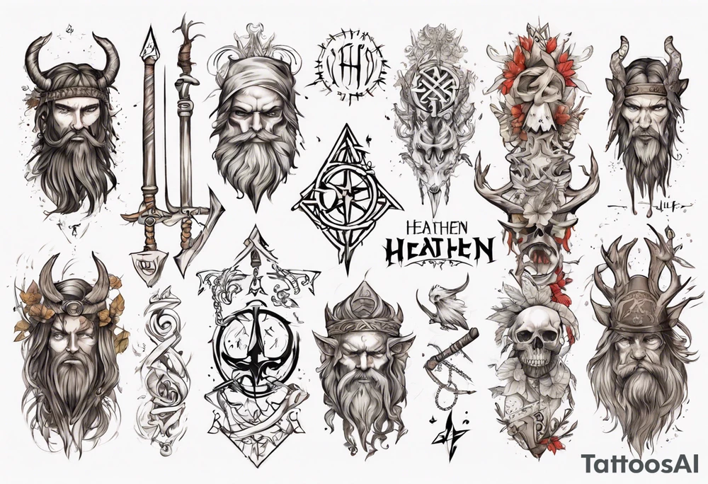pagan sleeve with heathen writing tattoo idea