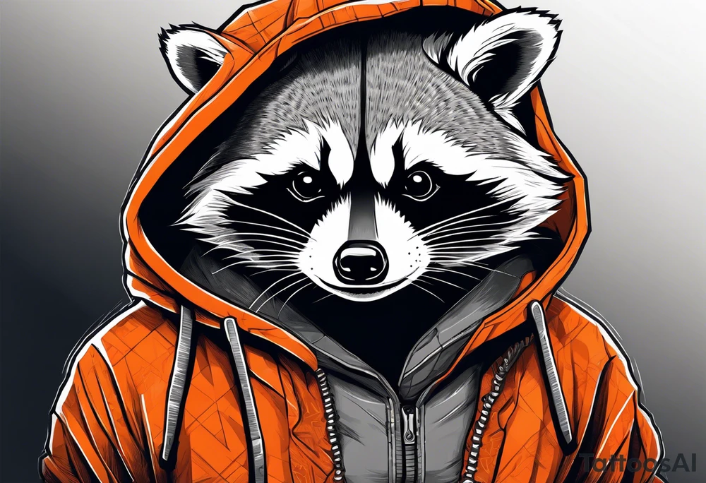 Raccoon wearing an orange Superman hoodie tattoo idea