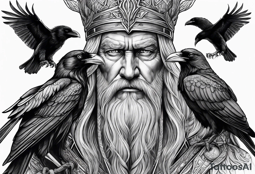 Realistic Odin with ravens tattoo idea