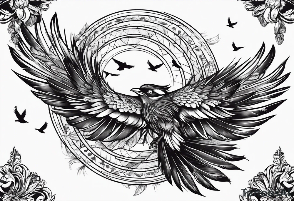 feather with birds flying out with one red bird tattoo idea