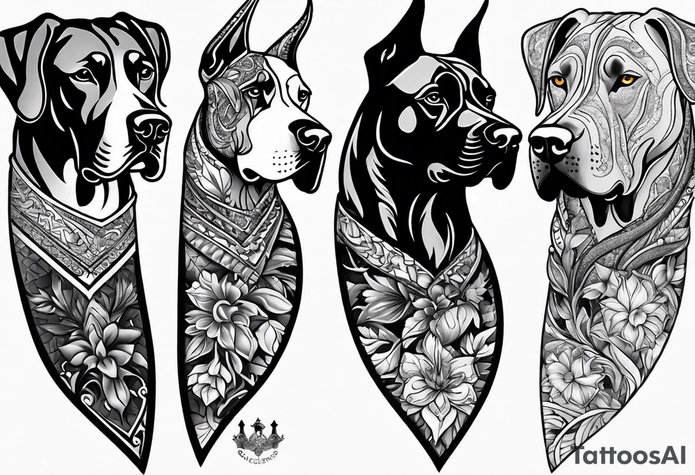 Arm sleeve that has 4 Great Dane heads mixed in with other fill work tattoo idea