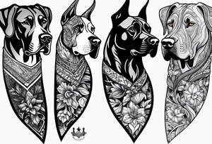 Arm sleeve that has 4 Great Dane heads mixed in with other fill work tattoo idea