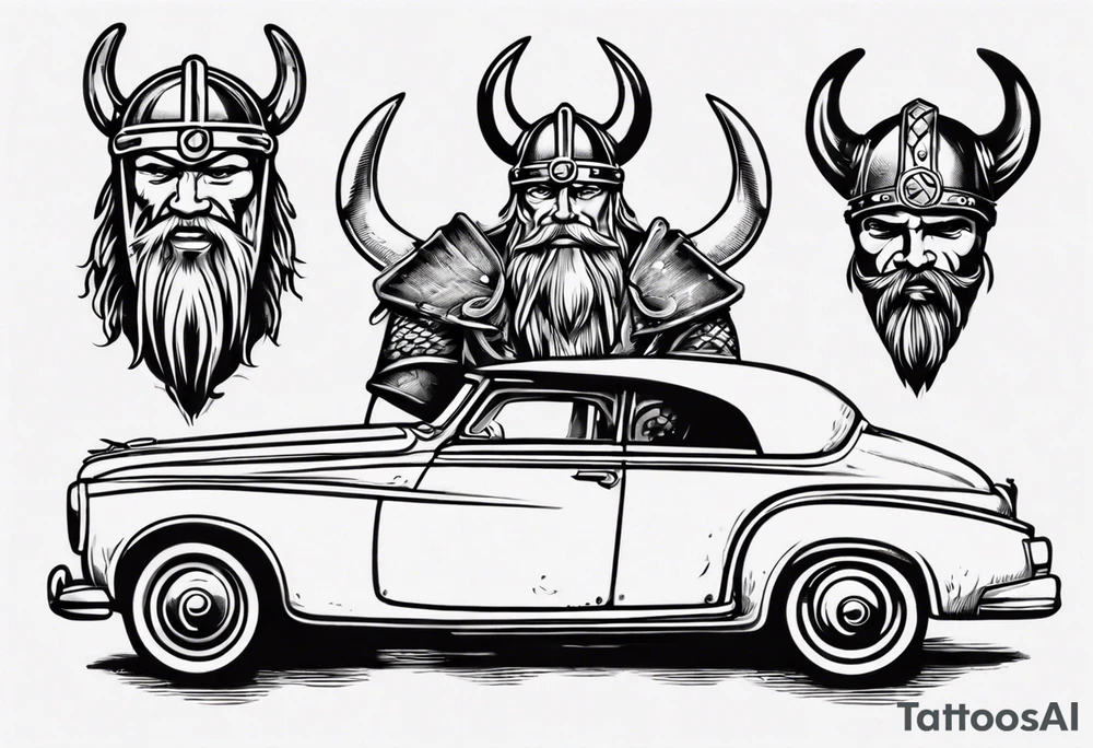 Vintage classic car with viking coming from the bonnet tattoo idea