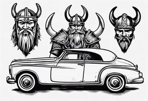 Vintage classic car with viking coming from the bonnet tattoo idea