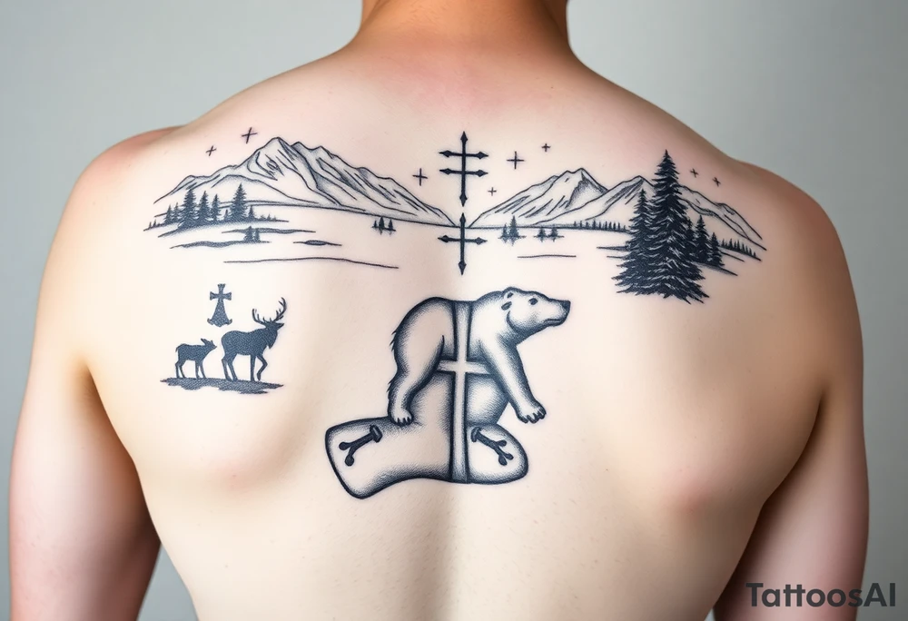 A full-sleeve with the Härjedalen landscape, reindeer, bear, lakes, mountains (Helags), cross and Härjedalen's coat of arms on the hand tattoo idea