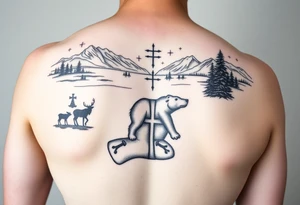 A full-sleeve with the Härjedalen landscape, reindeer, bear, lakes, mountains (Helags), cross and Härjedalen's coat of arms on the hand tattoo idea