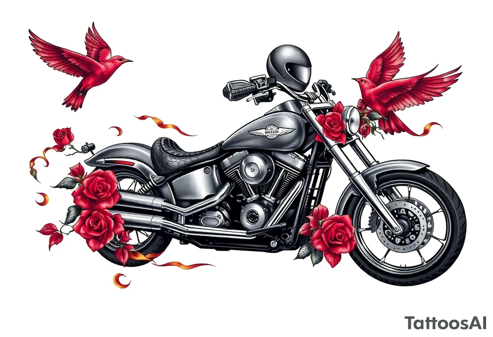 Harley grey motorcycle driving away, two red birds flying, roses, flames, angel wings tattoo idea