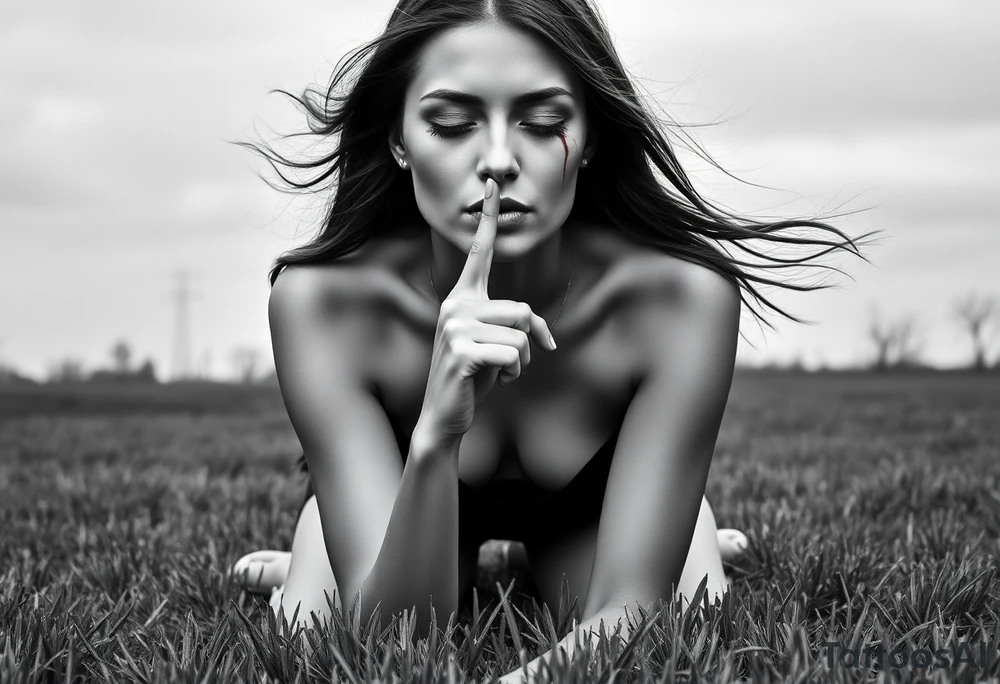 Theme: A powerful portrayal of the "See No Evil, Hear No Evil, Speak No Evil" concept, interpreted as a deliberate choice of selective perception and silence. The direct gaze and front-facing pose draw the viewer into her deliberate act of willful ignorance and secrecy.
Placement:  full front / full front thigh piece
Style realism black and grey).
Vibe: Striking,beautiful, and serene.
The Woman:
Pose: Kneeling on the grass, facing fully forward toward the viewer. The depiction will focus on her face, neck, upper chest, and torso.
Hair: Long hair flows forward and out to the sides, caught by the wind. It frames her face and shoulders.
Face - Eyes: Eyes are closed, emphasizing her active choice to close herself off.
Face - Nose/Mouth: A finger is held vertically to her lips in a "shush" or "don't speak" gesture, prominently visible centered on 
  Ears are seen bleeding and blood stains in the side in her left cheek 
Background/ Environment:
 Lush green grass where she is kneeling, at the very bottom of the composition.
Flowers roses and Beautiful  plumeria flowers bloom around her kneeling form,  framing her hips or flowing near the grass line. As the sun is setting 
Butterflies: Different sized butterflies flutter in the space around her chest and hair, adding organic movement.
Essential References & Inspiration
Examples of hair blowing forward in the wind, framing the face and chest.
Specific examples of the "shush" finger-to-lips pose from a front angle.
 pink plumeria and various butterflies. tattoo idea
