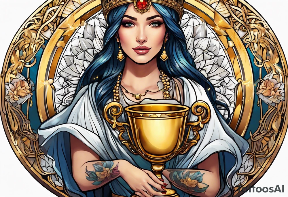 woman holding chalice surrounded by golden halo tattoo idea