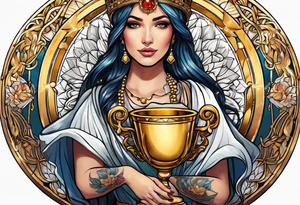 woman holding chalice surrounded by golden halo tattoo idea