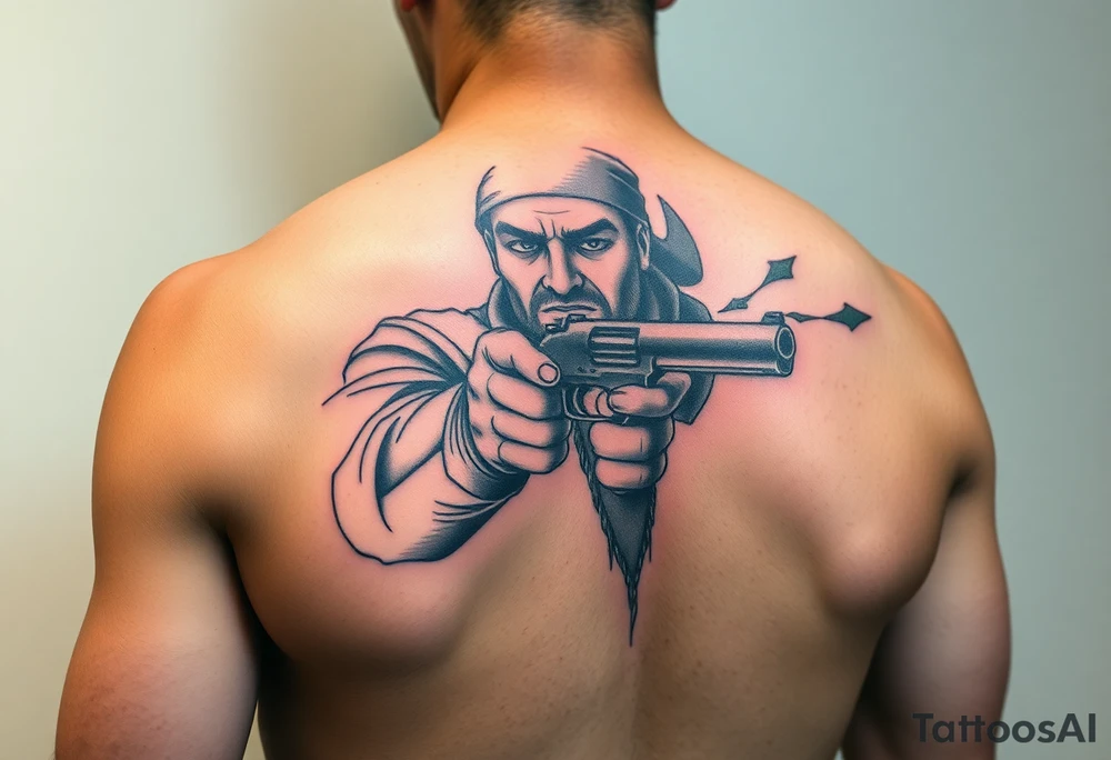 Thug character rob friend at gun point tattoo idea