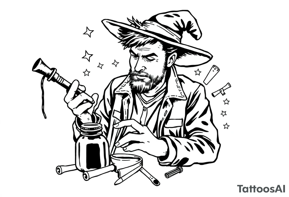 Young guy is exploring witch supplies, tools, equipment tattoo idea