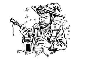 Young guy is exploring witch supplies, tools, equipment tattoo idea