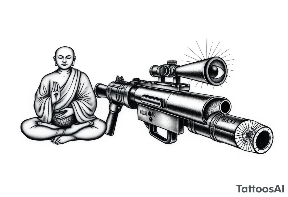 "Black ink tattoo fusing war and enlightenment:  
1. LEFT SIDE: Hyper-detailed Buddhist monk in lotus pose (dotwork shading)  
2. RIGHT SIDE: Maxim M1910 machine gun (geometric outline)  
3. TRANSITION ZONE:  
   - Monk's robes dissolve into bullet belts  
   - Prayer beads become ammunition links  
   - Third eye aligns with gun sights  

Key details:  
- Mirror embedded in gun's scope (reflects wearer's eye)  
- Micro-text along barrel: *"Пустота стреляет"* (0.3mm font)  
- Mandala-shaped muzzle flash  

Style: Neo-tribal meets ukiyo-e. Size: 15cm forearm sleeve. No colors." tattoo idea