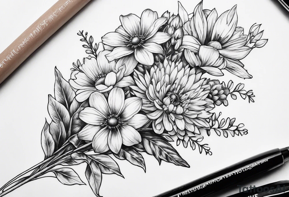 small long stem wildflower bouquet across fott tattoo idea