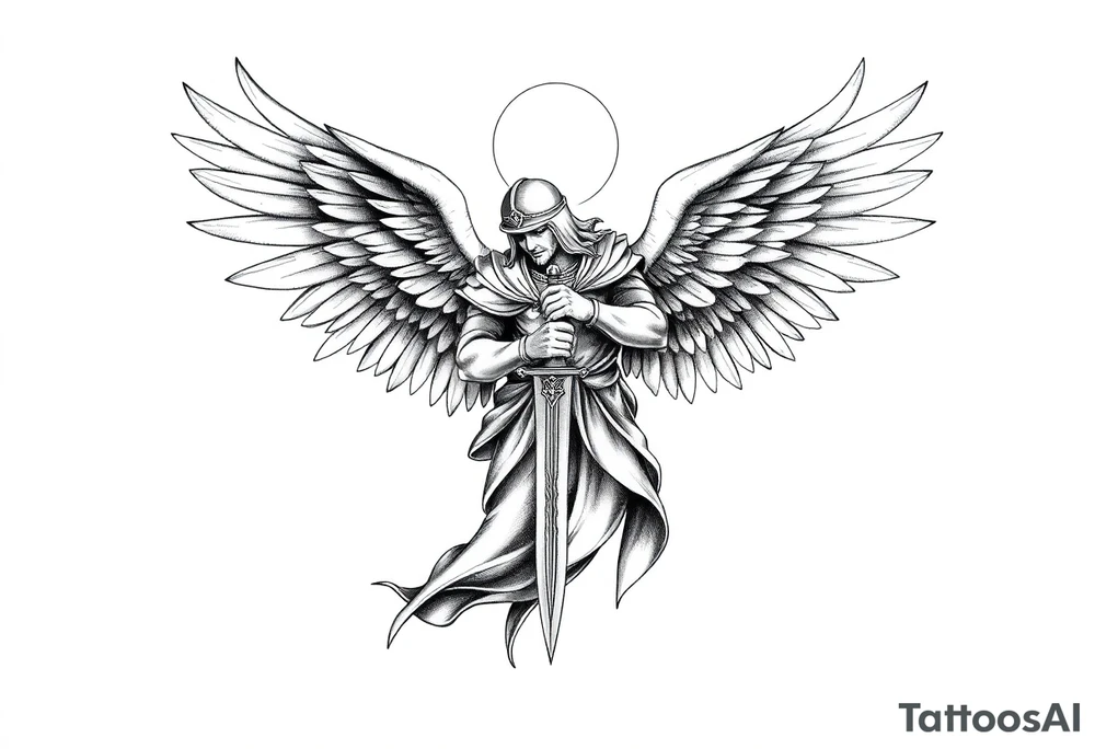 Holy Archangel, Biblical, Christianity, Hebrew, Guards of Christianity, Holding a sword, has six wings, wearing helmet, halo, seraphim, seek justice, walk only with God tattoo idea