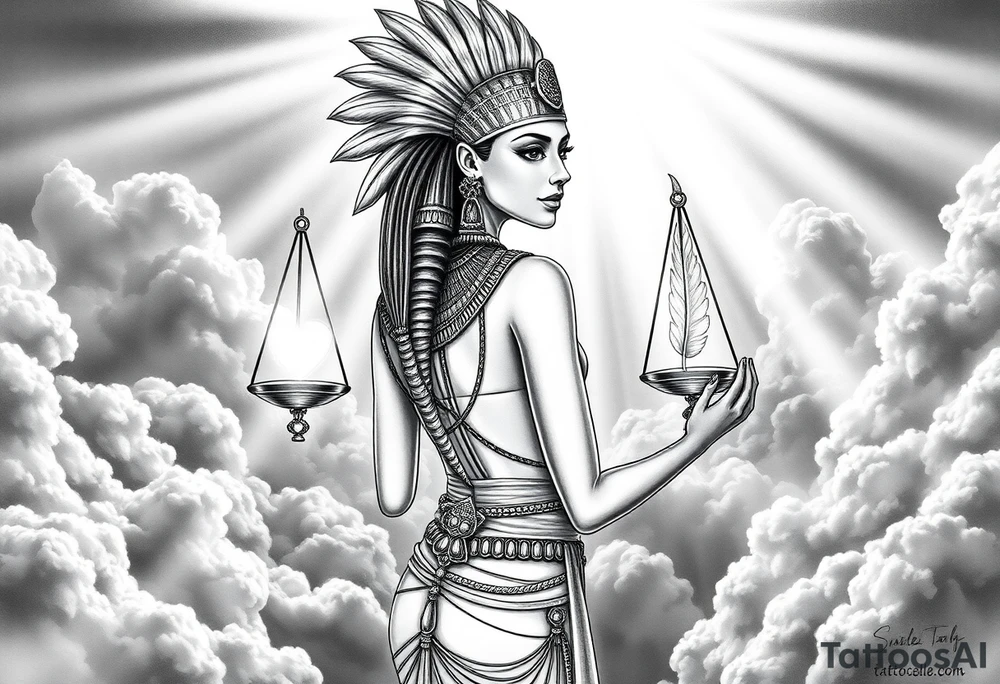 beautiful Egyptian goddess stands with her back slightly turned, accentuating her figure. She wears an elaborate ostrich feather headdress and ornate, intricate ancient Egyptian jewelry draped across her body. Her expression is mysterious and confident. In one hand, she holds the Scales of Justice: one side holds a radiant, glowing heart; the other, Ma’at’s feather. The scales themselves shimmer with an otherworldly light.
The background is a surreal, heavenly landscape filled with luminous clouds and beams of divine light piercing through, creating dramatic contrasts of deep shadows and highlights. The entire scene is bathed in an ethereal, mystical glow, with a dreamlike, almost supernatural atmosphere. tattoo idea