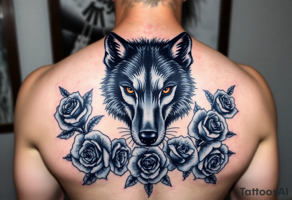 All black wolf(front facing) with orange eyes surrounded by blue roses tattoo idea