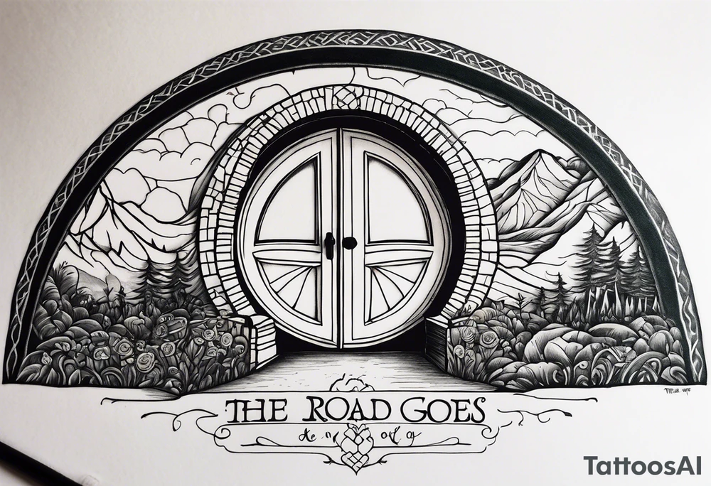 Hobbit hole and the words the road goes ever on and on tattoo idea