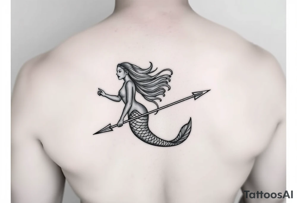 realistic mermaid with trident tattoo idea