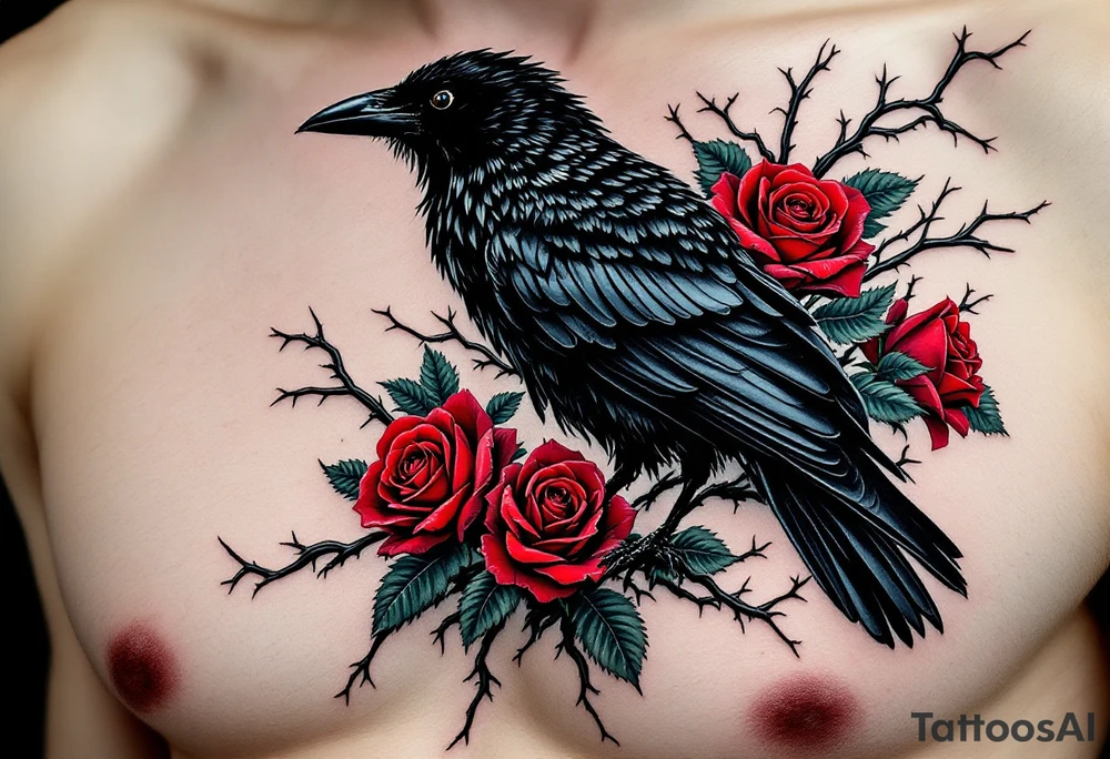 Crow in Thorn Bush – A perched crow surrounded by twisted black thorns and blood-red roses. Gothic realism with rich red and deep green accents. tattoo idea