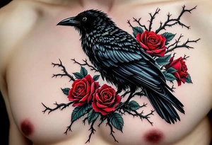 Crow in Thorn Bush – A perched crow surrounded by twisted black thorns and blood-red roses. Gothic realism with rich red and deep green accents. tattoo idea