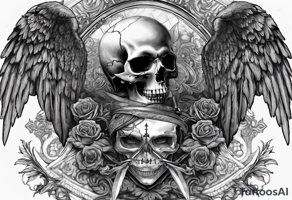 In the center is a half skull pierced by a large sword. On either side of the skull, there are spread angel wings, Beneath the skull is a ribbon tattoo idea