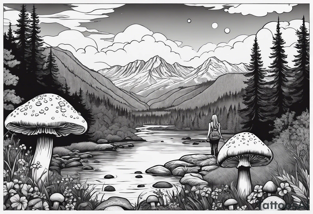 Whole picture encircled fully

Straight long blonde hair hippie girl in distance holding mushrooms in hand facing away toward mountains and creek surrounded by mushrooms long sleeve shirt and hiking pants; whole rendering within a full circle, no cut off circle tattoo idea