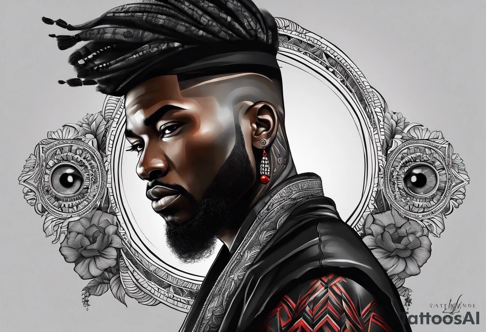 homem divindade africano realista em preto e cinza com os olhos vermelhos. Fundo da imagem com tons vermelhos.Segurando na mão um falo de madeira com cabaças penduradas. tattoo idea