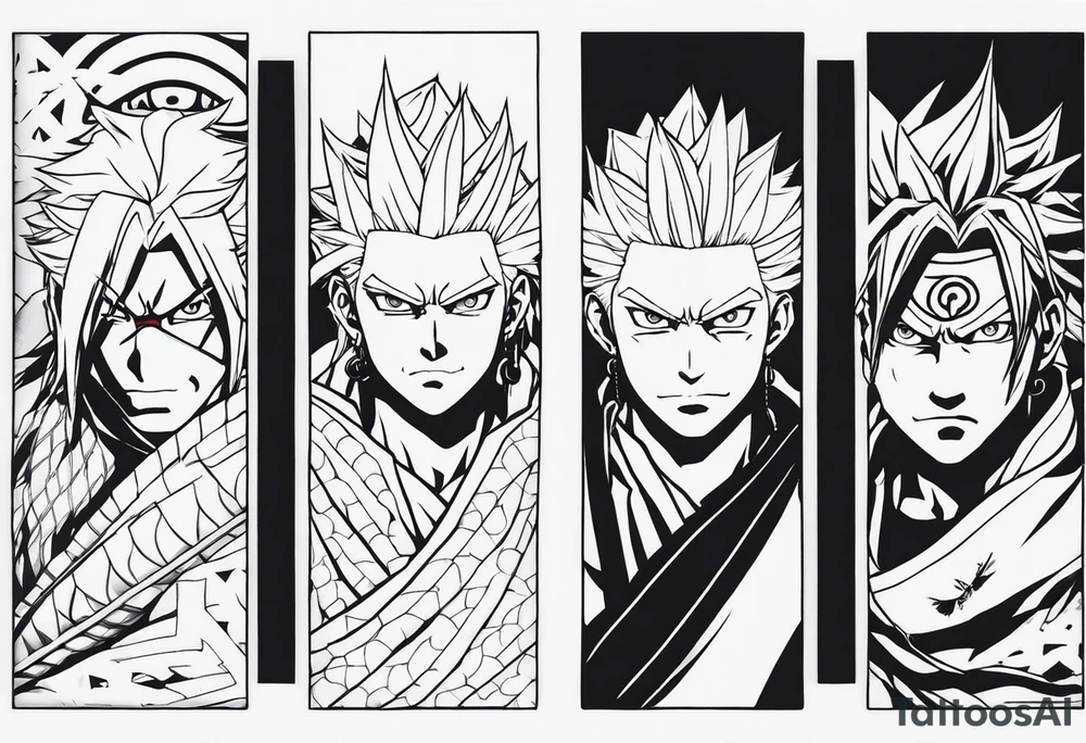 Can you create a full sleeve with Muichiro, Obanai, Rengoku and Giyuu from Demon Slayer and Choso, Gojo and Megumi from Jujutsu Kaisen tattoo idea