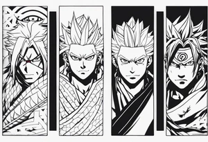 Can you create a full sleeve with Muichiro, Obanai, Rengoku and Giyuu from Demon Slayer and Choso, Gojo and Megumi from Jujutsu Kaisen tattoo idea