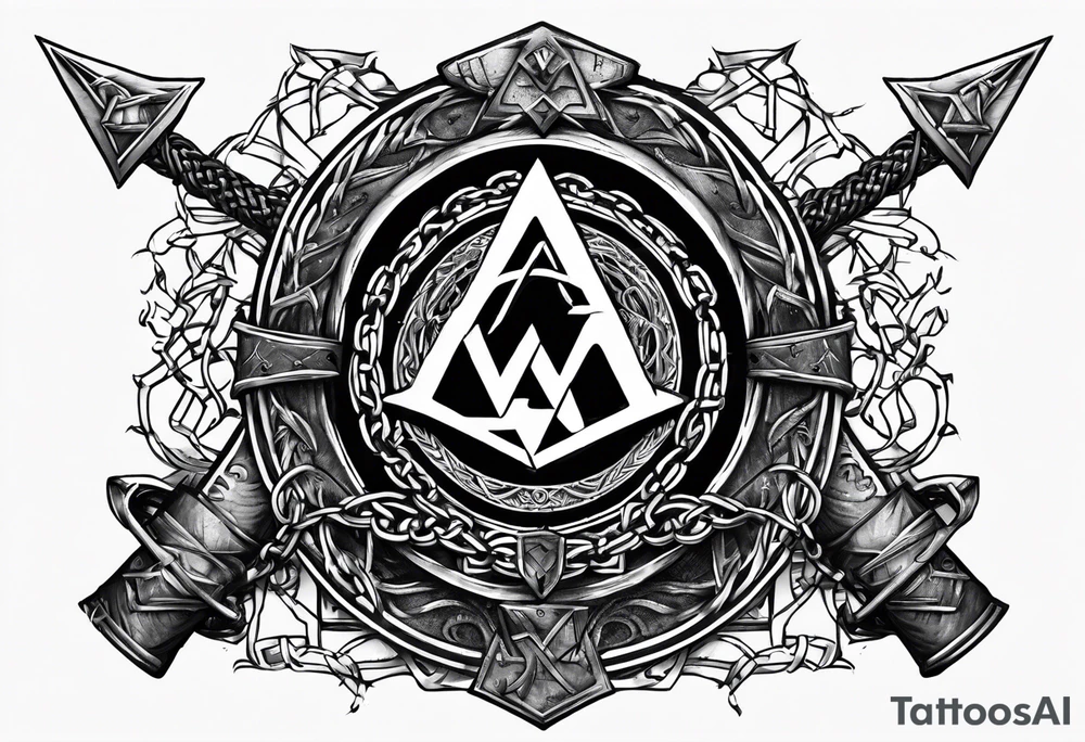 Valhalla  sword shield axe barbed wire chains valknut tattoo idea