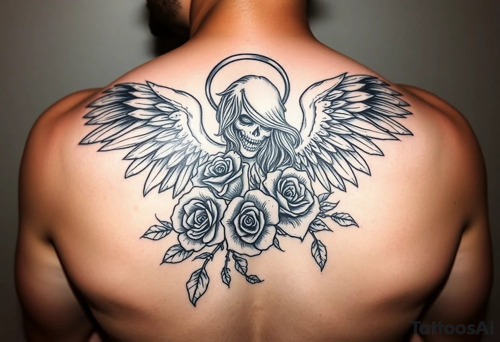Sexy fallen angel with roses tattoo idea