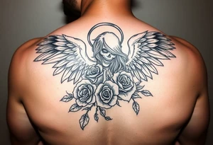Sexy fallen angel with roses tattoo idea