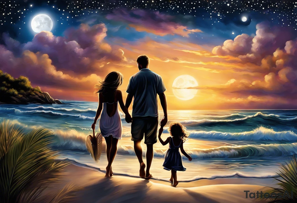 Create a stunning image of a realistic tattoo design that features a husband and wife holding hands, accompanied by their two children, walking along a beautiful beach. The moon shines radiantly in the night sky, illuminating the serene scene. Let your creativity flourish as you envision the intricate details that bring this tattoo to life, encapsulating the essence of love, family, and the awe-inspiring beauty of nature. tattoo idea