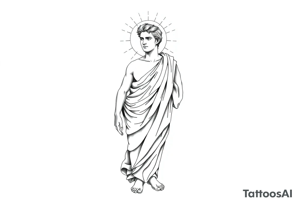 Tattoo design, vertical full sleeve composition, black and grey fine line linework style. Full figure of Apollo, Greek god of light, depicted in classical marble statue style, wearing flowing ancient drapery cloth. Calm powerful stance, balanced proportions, serene expression. Radiant sun halo behind the head with geometric rays. Subtle sacred geometry and orbital cosmic elements surrounding the figure. Laurel wreath symbolism integrated. Light energy lines and minimal abstract flow shapes. Clean composition, elegant, not overcrowded. Include the quote in fine serif lettering: “Do. Or do not. There is no try.” Tattoo stencil design, white background, no dark horror elements, no wings, professional tattoo flash. tattoo idea