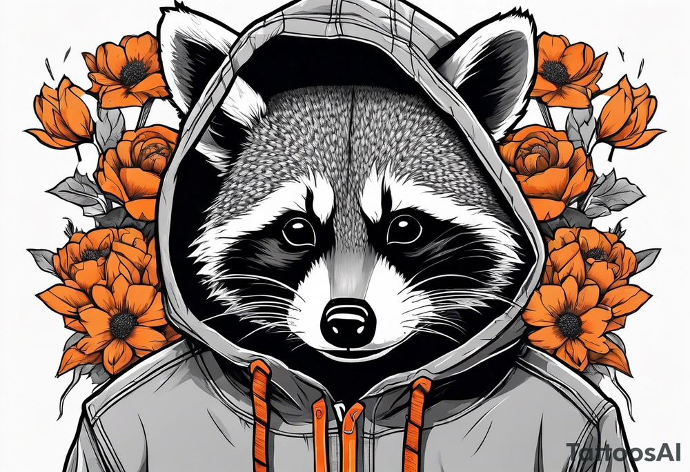 raccoon wearing a Superman hoodie with orange flowers tattoo idea