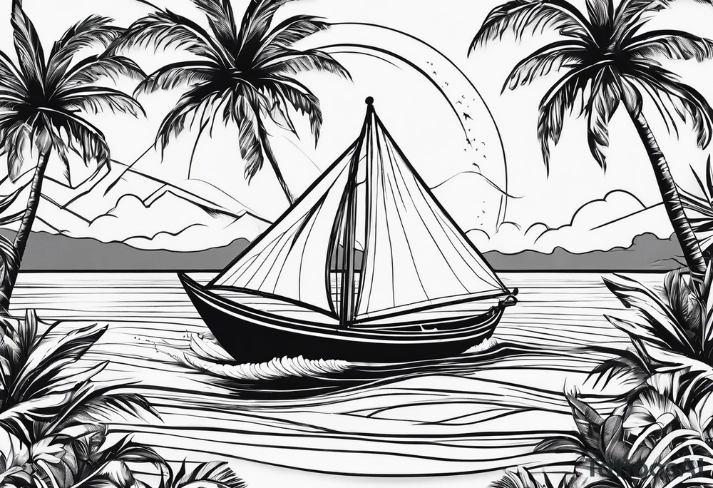 Clean lines palm tree boat sun tattoo idea
