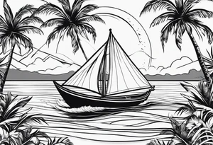Clean lines palm tree boat sun tattoo idea