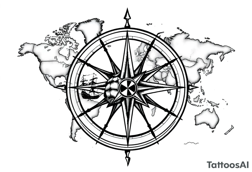 antique compass rose overlaid on weathered world map with sailing ships tattoo idea