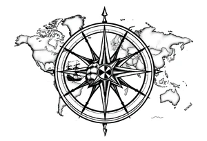 antique compass rose overlaid on weathered world map with sailing ships tattoo idea