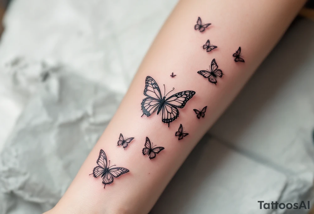 Tattoo of about 10 butterflies that look 3d with lines
 and different sizes spaced out between wrist and elbow tattoo idea