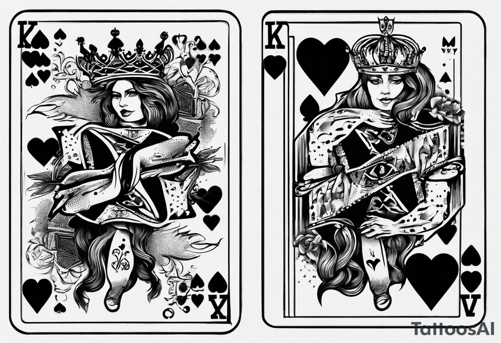 King of heart playing card with the queen of heart playing card around his arm tattoo idea