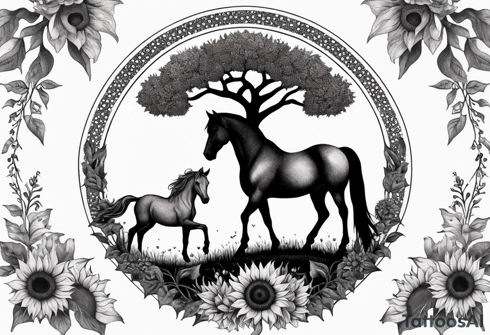 Yggdrasil tree, horse in front of it, and sunflowers tattoo idea