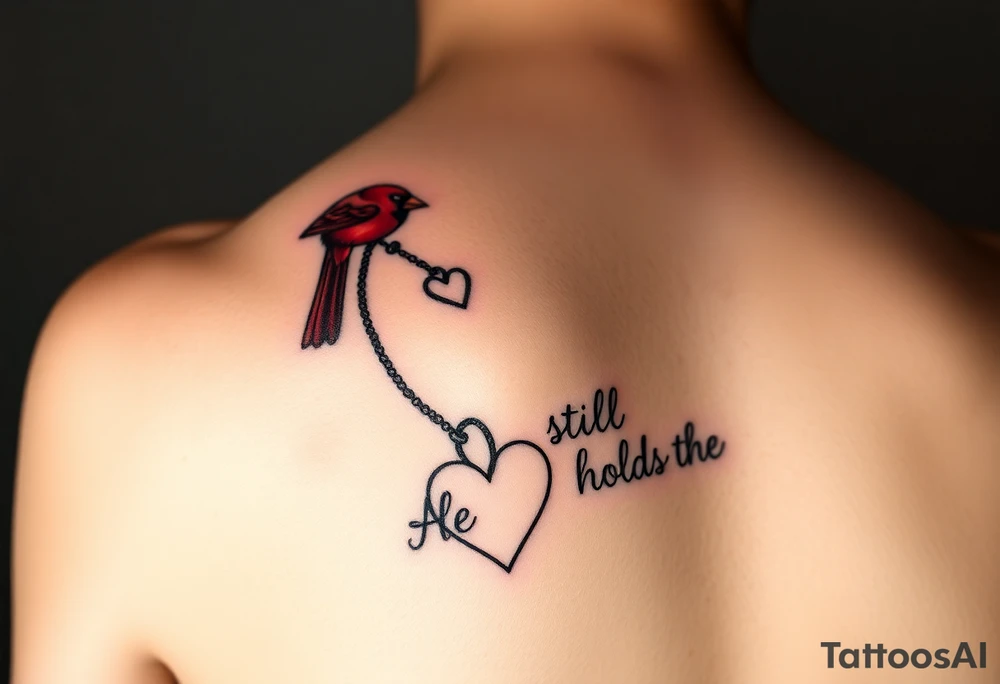 💪 Prompt for Realistic Forearm Mockup

A realistic photo mockup of a tattoo on a right inner forearm. The tattoo shows a red cardinal at the top near the elbow, holding a heart-shaped key by a beaded chain in its beak. The chain flows downward toward the wrist, connecting to a heart lock tattoo near the base. Under the heart, the cursive phrase “He still holds the key” is inked in soft black script. Lighting should show skin texture and natural arm curvature, emphasizing the emotional realism of the memorial tattoo design. tattoo idea