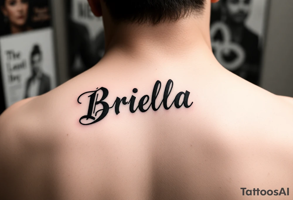"Briella" in gangster gothic font on hand along thumb tattoo idea