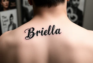 "Briella" in gangster gothic font on hand along thumb tattoo idea