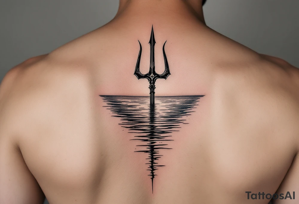 trident half way under calm water at sunset tattoo idea