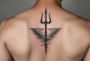 trident half way under calm water at sunset tattoo idea